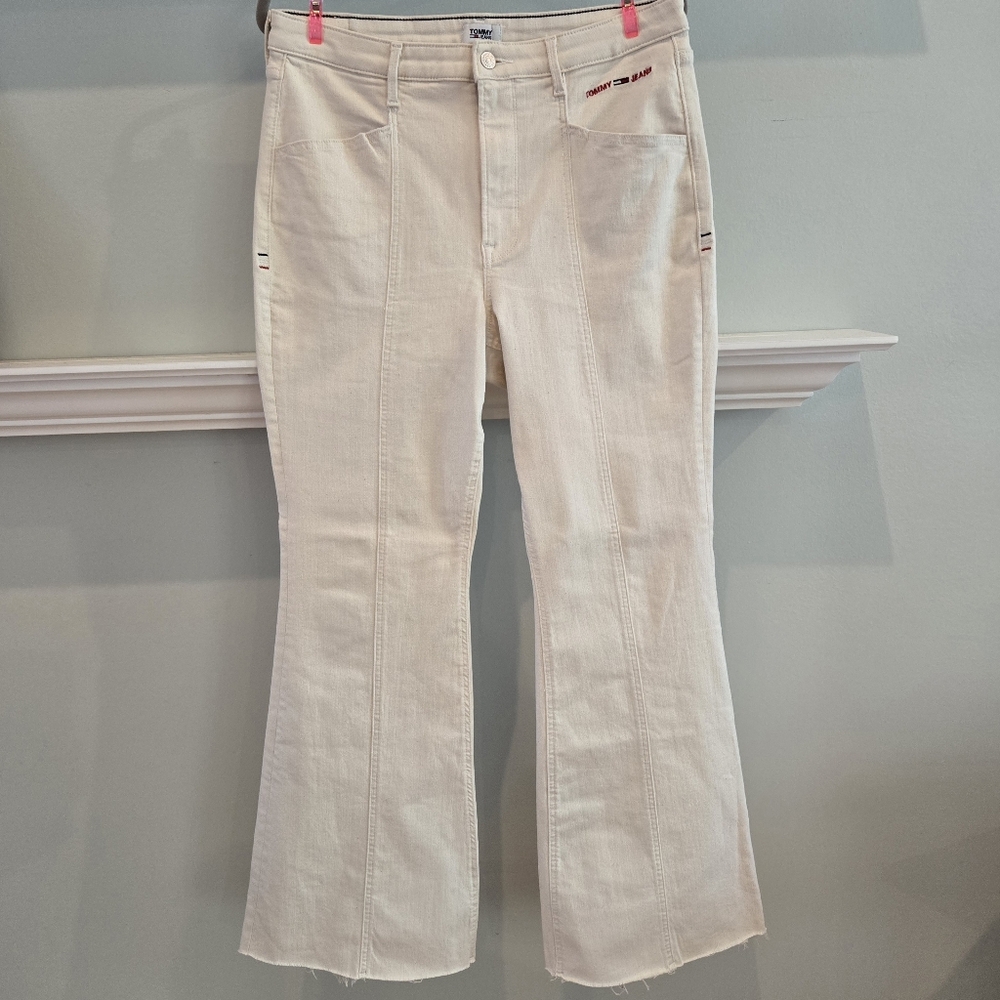 Tommy Hilfiger Cream White High-Rise Flare Denim Jeans Size 14 /32